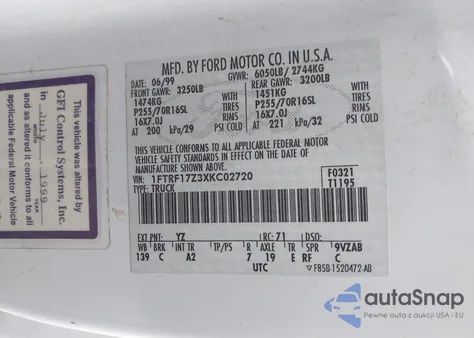 1999 Ford F-150 Lariat/Work Series/Xl/Xlt z USA, uszkodzony, nr VIN 1FTRF17Z3XKC02720